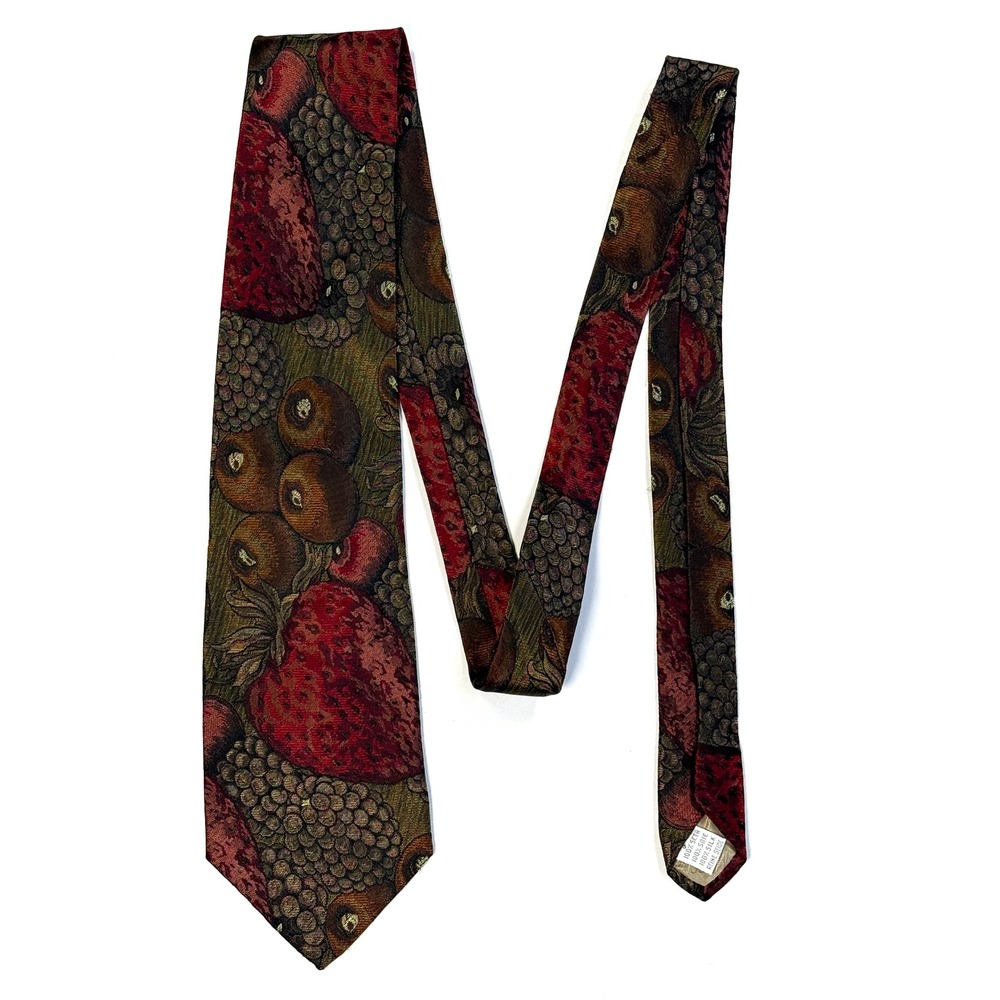 Moschino Cravatte Mens Silk Tie Fruit Print Strawberry Grapes Brown Red Italy